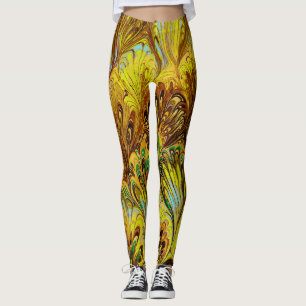 MARBLED PAPER,ABSTRACT YELLOW PEACOCK PATTERN LEGGINGS