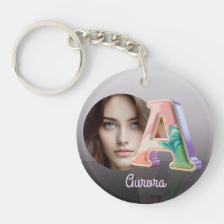 Marbled Pastel Gold Trim Letter A + personal photo Key Ring