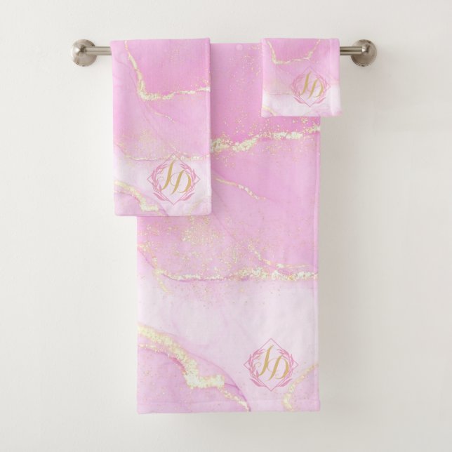 Marbled Pastel Pink Gold Monogrammed Bath Towel Set (Insitu)