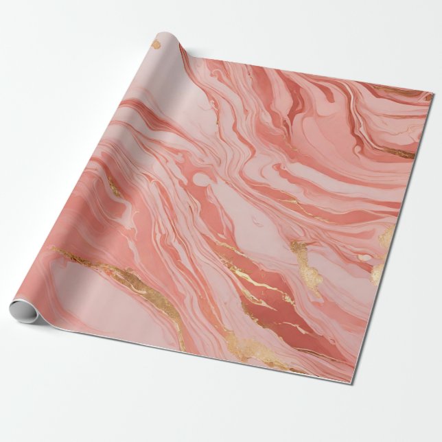 Marbled Peach Red Pink Gold Wrapping Paper (Unrolled)