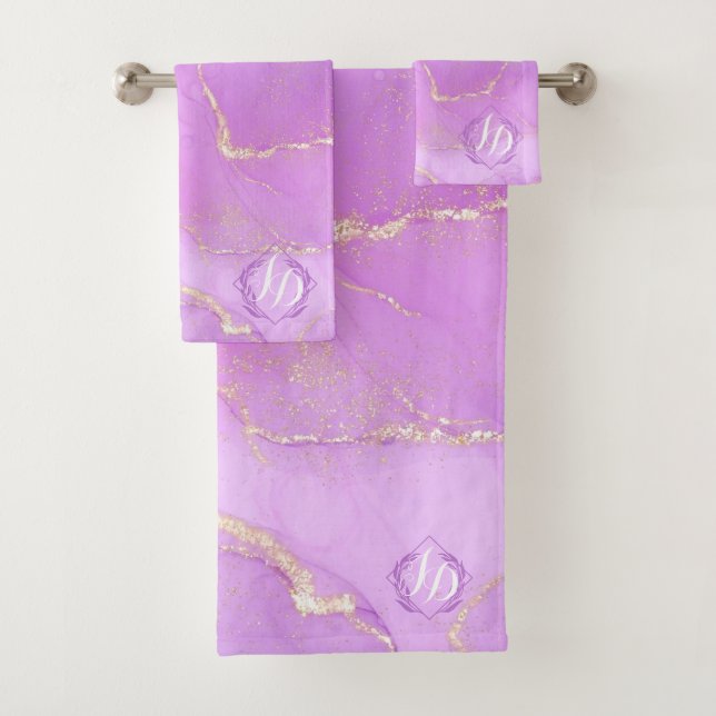 Marbled Pink Gold Monogrammed  Bath Towel Set (Insitu)