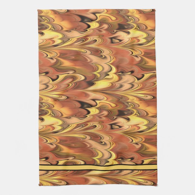 Marbled Rainbow Swirled Rust & Gold Tea Towel (Vertical)
