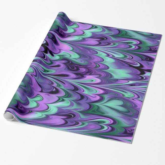Marbled Rainbows Purple and Aqua Wrapping Paper (Unrolled)