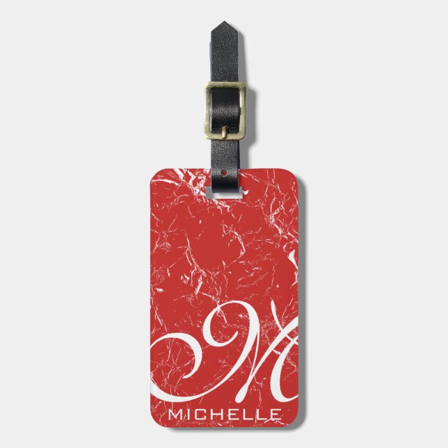 Marbled Red Script Monogrammed Luggage Tag (Front Vertical)