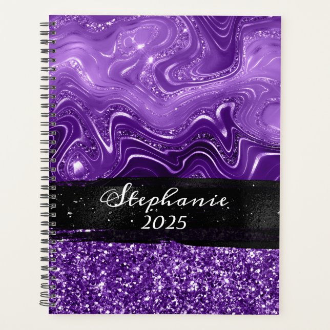 Marbled Royal Purple Glitter Black Brush Stroke Planner (Front)