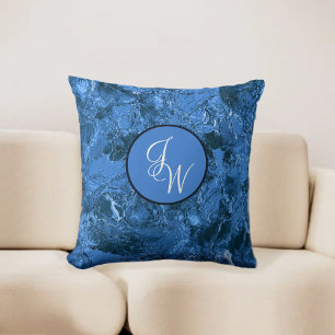 Marbled Shades of Blue with Initials or Monogram Cushion