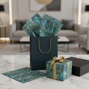 Marbled Teal Turquoise Faux Gold Agate Art Pattern Tissue Paper