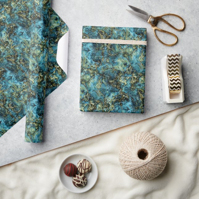 Marbled Teal Turquoise Faux Gold Agate Art Pattern Wrapping Paper (Crafts)