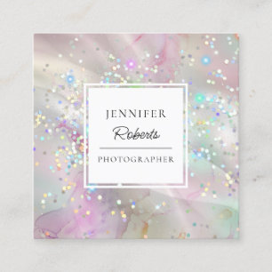 Marbled Watercolor Alcohol Ink Holographic Glitter Square Business Card