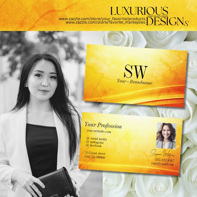 Marbled Yellow Orange Curved Decor Monogram Photo Business Card (Creator Uploaded)