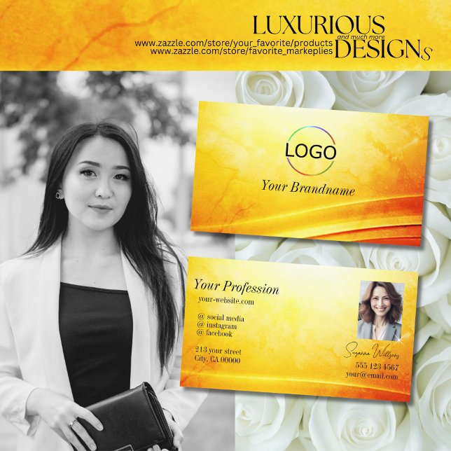 Marbled Yellow Orange Curved Decor with Logo Photo Business Card (Creator Uploaded)