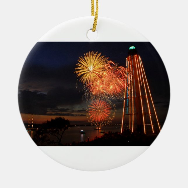 Marblehead Fireworks Lighthouse Ceramic Tree Decoration (Front)