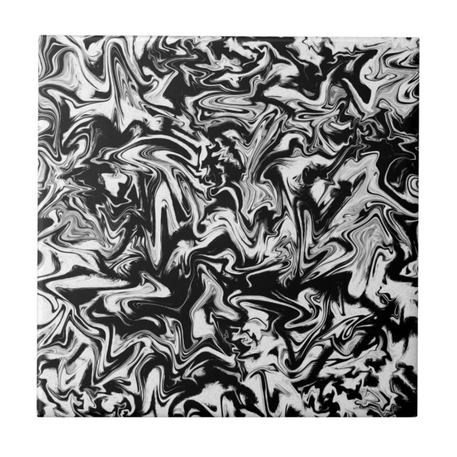 Marbleised Black and White Modern Abstract Artwork Ceramic Tile (Front)