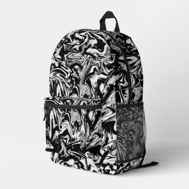 Marbleised Black and White Modern Abstract Artwork Printed Backpack (Back Corner Right)