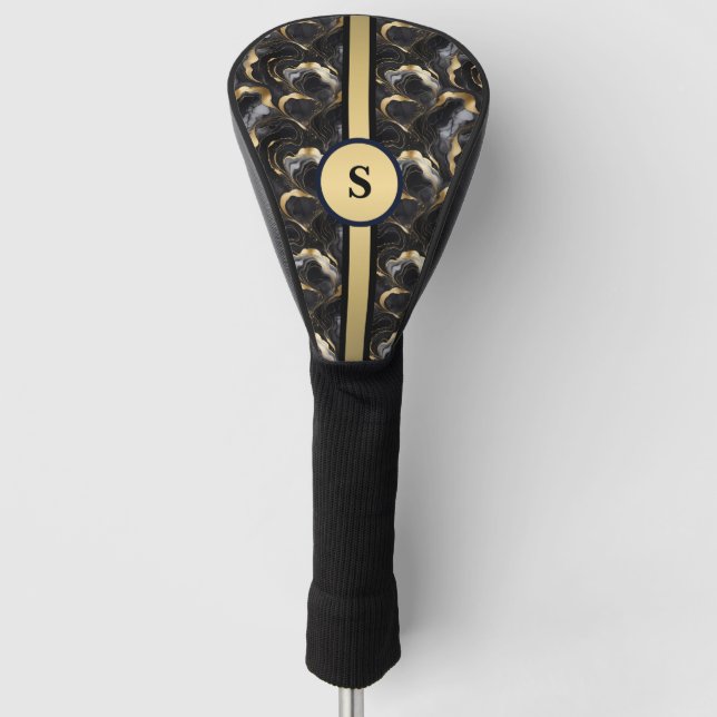 Marbleised Decorative Black Gold Golf Head Cover (Front)
