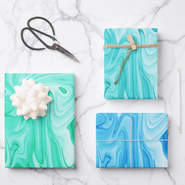 Marbleised Paint Ocean Blues Surfer Water Fun Wrapping Paper Sheet (Front)