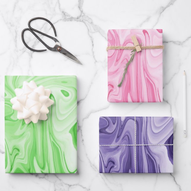 marbleised paint spring green pink purple colourfu wrapping paper sheet (Front)