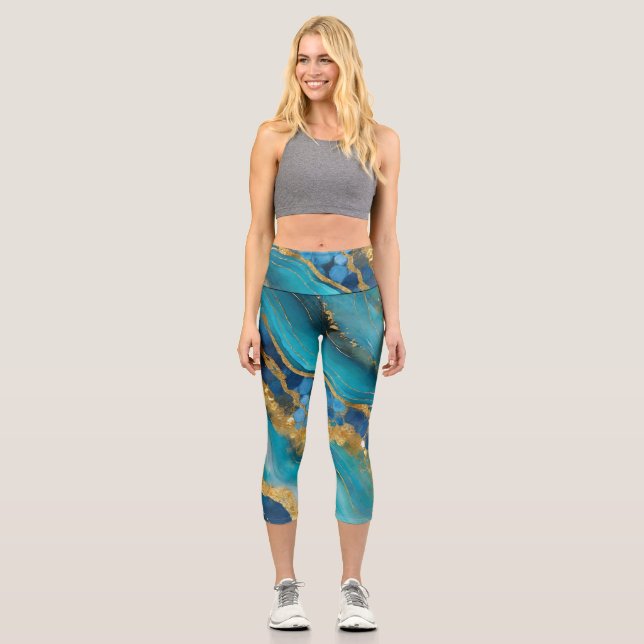 Marbleised Teal Gold Capri Leggings (Front)