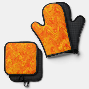 Marbling Orange Yellow Red Pattern Oven Mitt & Pot Holder Set