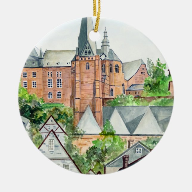 Marburg Altstadt Germany Towncape Acrylic Painting Ceramic Ornament (Front)