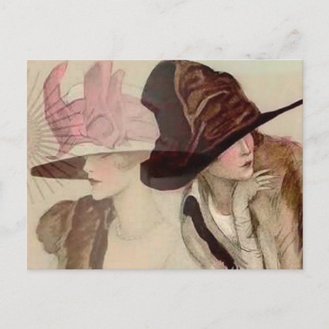 Marcello Dudovich Young Girls in Hats Illustration Postcard (Front)