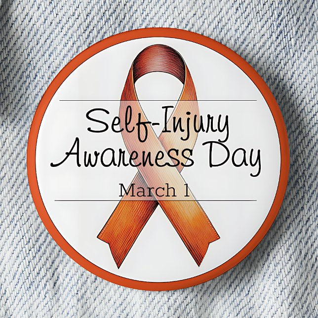 March 1 Self-Injury Awareness Day 6 Cm Round Badge (Self-Injury Awareness Day.  March 1. Orange Awareness Ribbon. Pinback button.)