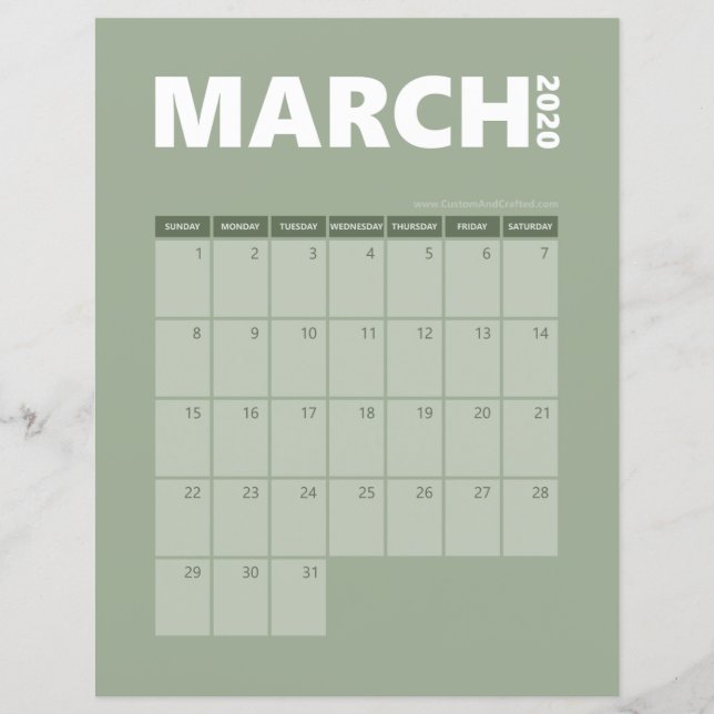 March 2020 Calendar (Front)