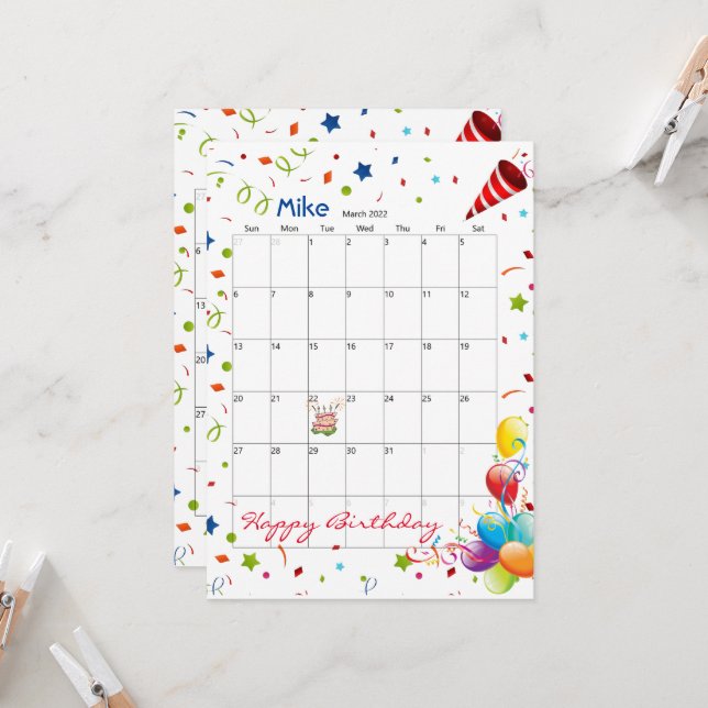 March 2022 Calendar Happy Birthday Invitation  (Front/Back In Situ)