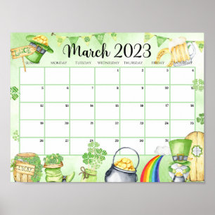 March 2023 Green Printable Calendar Poster