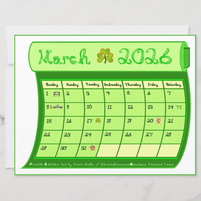 March 2026 Month Green Calendar Fabric Font Paper  (Front)