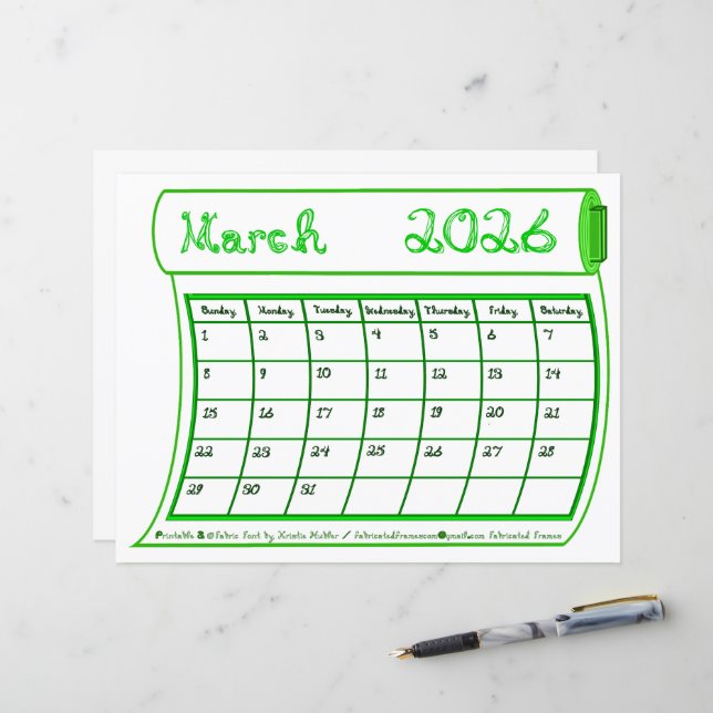 March 2026 Month Green Line Art Fabric Font Paper (Front/Back In Situ)