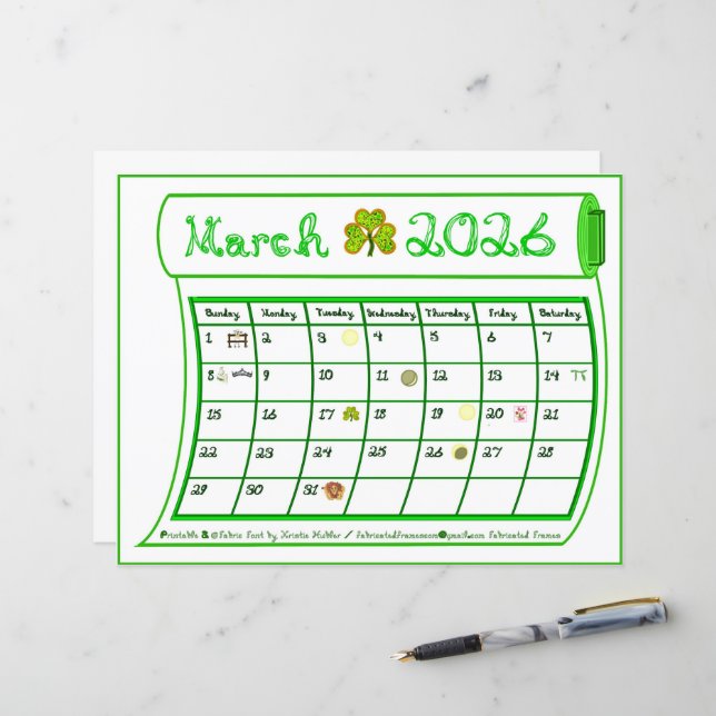 March 2026 Month Green Line Fabric Font Art Paper (Front/Back In Situ)