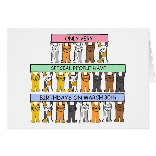 March 30th Birthday, Cute Cartoon Cats (Front Horizontal)