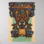 March - Aries Poster<br><div class="desc">Month of March. Zodiac sign Aries.  Beautiful vintage Art Nouveau artwork,  with Art Deco influence,  published as a postcard in 1911. Very colourful with birth flower,  birth stone,  bright colours and block letters.</div>