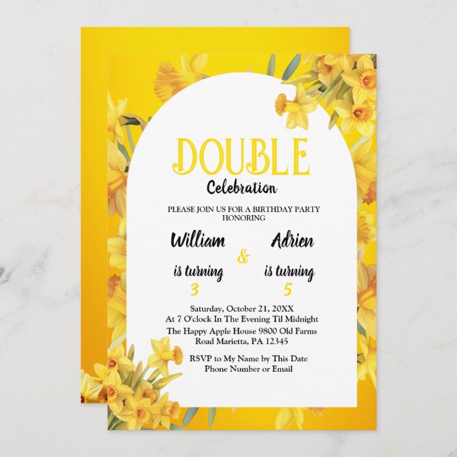  March birth Daffodil Double Celebration Birthday Invitation (Front/Back)