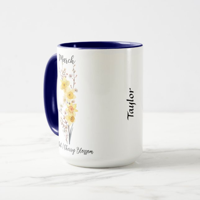 March Birth Flower Daffodil and Cherry Blossom Mug (Front Left)
