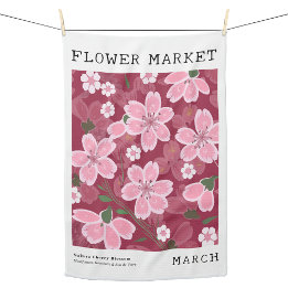 March Birth Flower Market Pink Sakura Cherry Print Tea Towel
