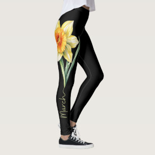 March Birth Flower, Yellow Daffodil on Black Leggings