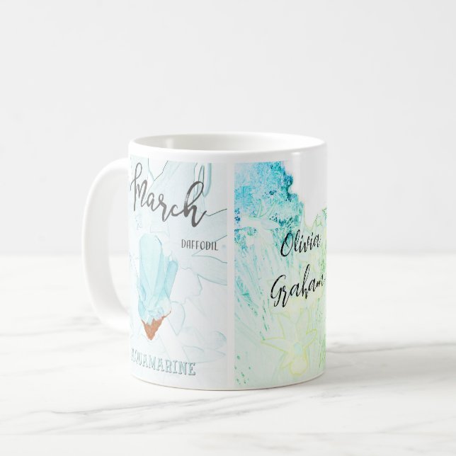 March Birthday: Aquamarine Birthstone and Flower C Coffee Mug (Front Left)