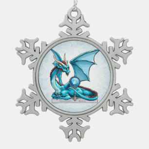 March Birthstone Dragon: Aquamarine Snowflake Pewter Christmas Ornament