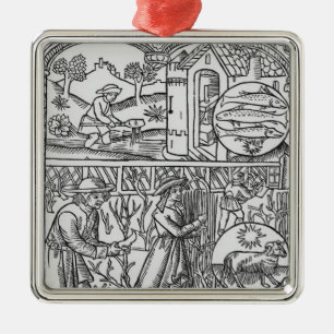 March, fishing and pruning trees, Pisces Metal Ornament