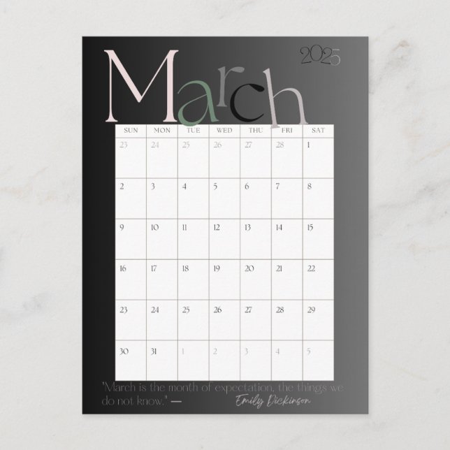 March Grey Modern Monthly Calendar 2025 Postcard (Front)