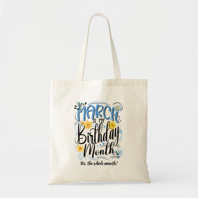 March is my Birthday Month, Birds and Daffodils Tote Bag (Front)