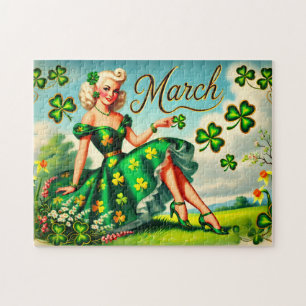 March Retro Pin-Up Girl St. Patrick's Day Jigsaw Puzzle