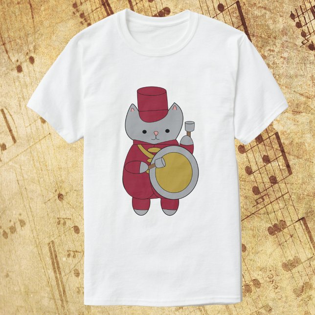 Marching Band Bass Drum Cat Maroon and Gold T-Shirt (A fun shirt with gray cat playing the bass drum while wearing a maroon & gold marching band uniform)