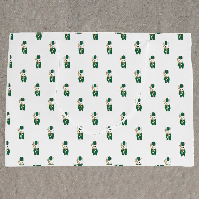 Marching Band Bunny Trombone Green Gold Pattern Large Gift Bag (A gift bag with a pattern of rabbits holding a trombone in a green & gold marching band uniform.)