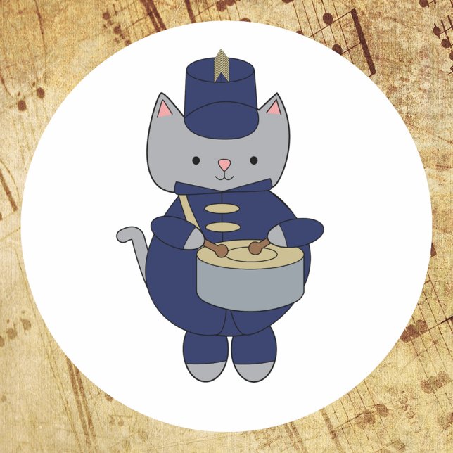 Marching Band Cat Drum Navy Blue Gold Classic Round Sticker (A sticker of a gray cat playing drums in a navy blue & gold marching band uniform.)