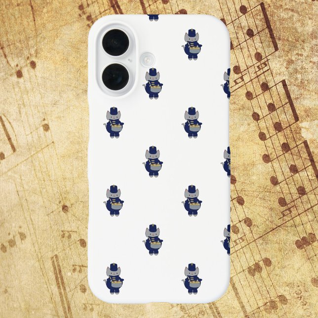 Marching Band Cat Drummer Navy Blue Gold Pattern Case-Mate iPhone Case (A phone case with a pattern of gray cats playing the drums while wearing navy blue and gold.)