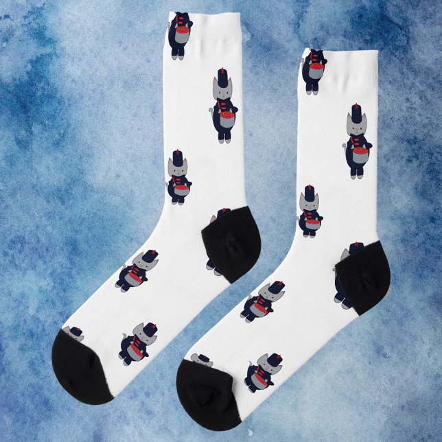Marching Band Cat Drummer Navy Blue Red Socks (A pair of socks featuring a gray cat wearing a navy blue & red marching band uniform.)