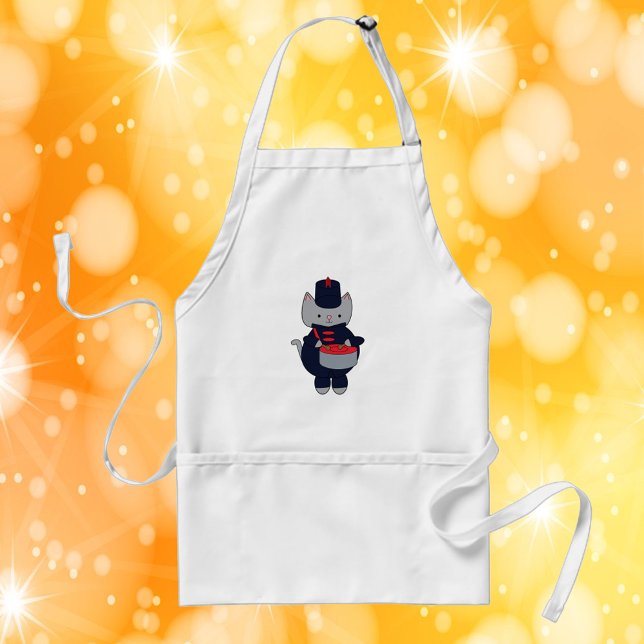 Marching Band Cat Drummer Navy Blue Red Standard Apron (An apron with a gray cat playing the drums in a navy blue & red marching band uniform.)